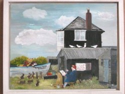 Painting of harbour buildings at Walberswick