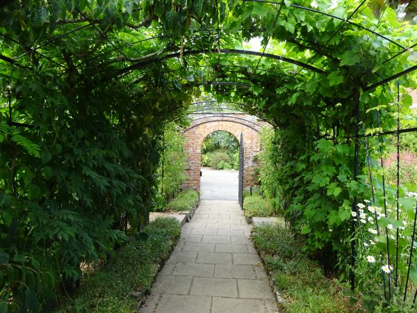 Brick archway seen through covered walkway.